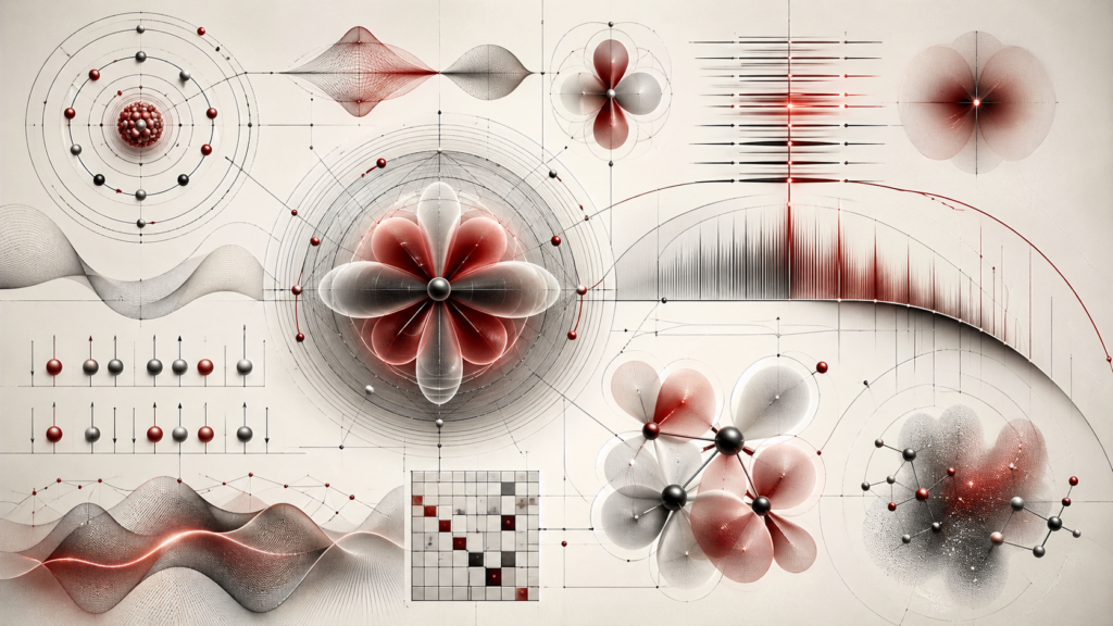 Abstract editorial scientific illustration of quantum orbitals, electron-density fields, energy-level bands, molecular orbital overlap, and electronic structure in cream, gray, black, and deep red.