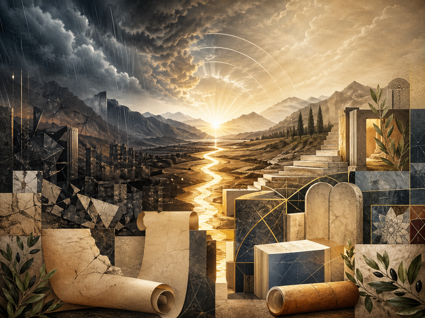 Editorial illustration of Elijah / Ilyas and the prophetic contest shown through a storm-lit mountain landscape, fractured public-religion forms, sacred manuscripts, stone thresholds, olive leaves, and a luminous path returning to radiant covenantal light.