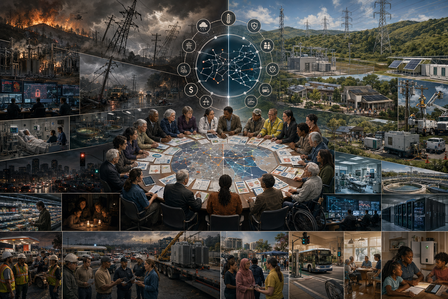 Editorial systems illustration contrasting grid fragility, outages, cyber risk, climate hazards, and cascading lifeline failures with resilient energy systems, microgrids, distributed storage, repair crews, and community protection.
