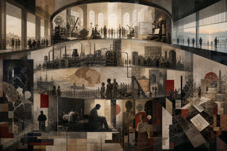 Layered editorial illustration of Enlightenment, modernity, and postmodern thought, showing reason, science, public debate, industrial modernity, colonial power, slavery, bureaucracy, fractured subjectivity, language, structure, and historical critique within a complex architectural chamber.