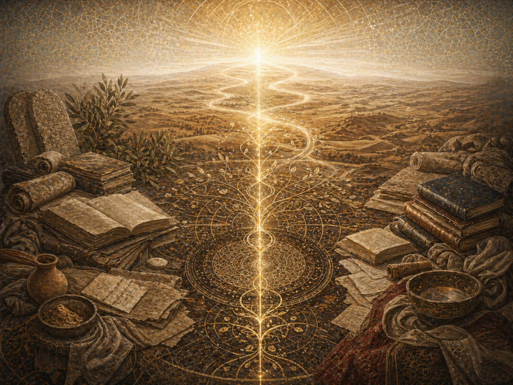 Editorial illustration of Enoch / Idris and early sacred wisdom shown through a quiet vertical column of light, layered manuscripts, scrolls, sacred geometry, desert landscape, and spiritual elevation.