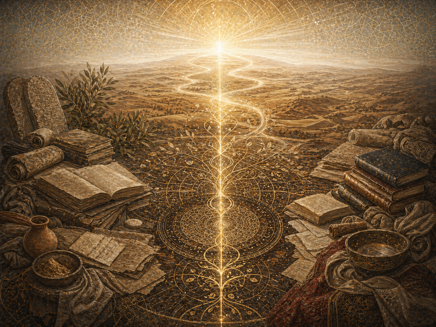 Editorial illustration of Enoch / Idris and early sacred wisdom shown through a quiet vertical column of light, layered manuscripts, scrolls, sacred geometry, desert landscape, and spiritual elevation.