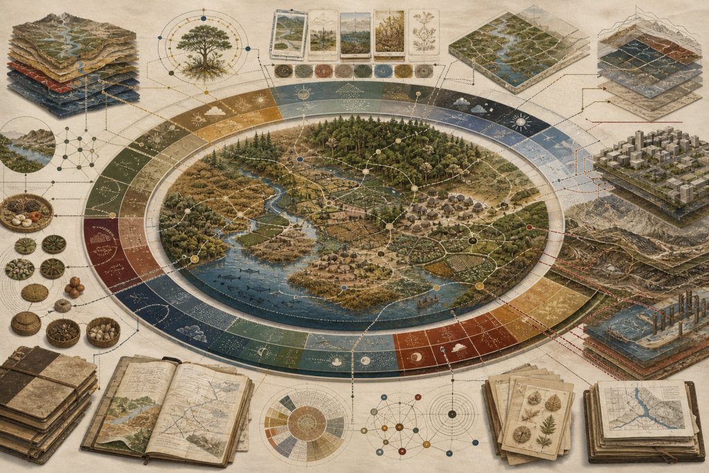 Editorial anthropological illustration showing an abstract human-environment systems map with landscapes, watersheds, forests, settlements, seasonal-calendar rings, ecological-knowledge records, field notebooks, botanical cards, urban blocks, extraction zones, and connected place-based knowledge networks.