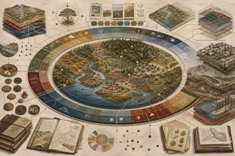 Editorial anthropological illustration showing an abstract human-environment systems map with landscapes, watersheds, forests, settlements, seasonal-calendar rings, ecological-knowledge records, field notebooks, botanical cards, urban blocks, extraction zones, and connected place-based knowledge networks.