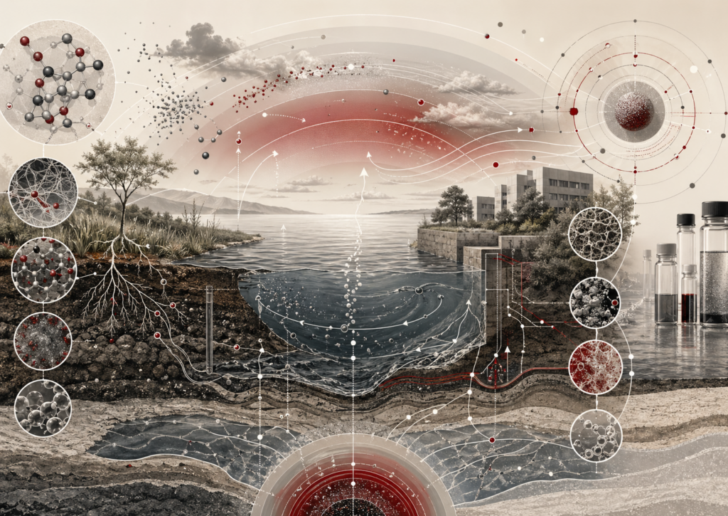 Editorial scientific illustration showing environmental chemistry as an interconnected system across atmosphere, surface water, soil, groundwater, sediments, ecological zones, laboratory monitoring structures, and built environments, with abstract molecular networks, transport pathways, and threshold-like overlays in cream, black, gray, white, and deep red.