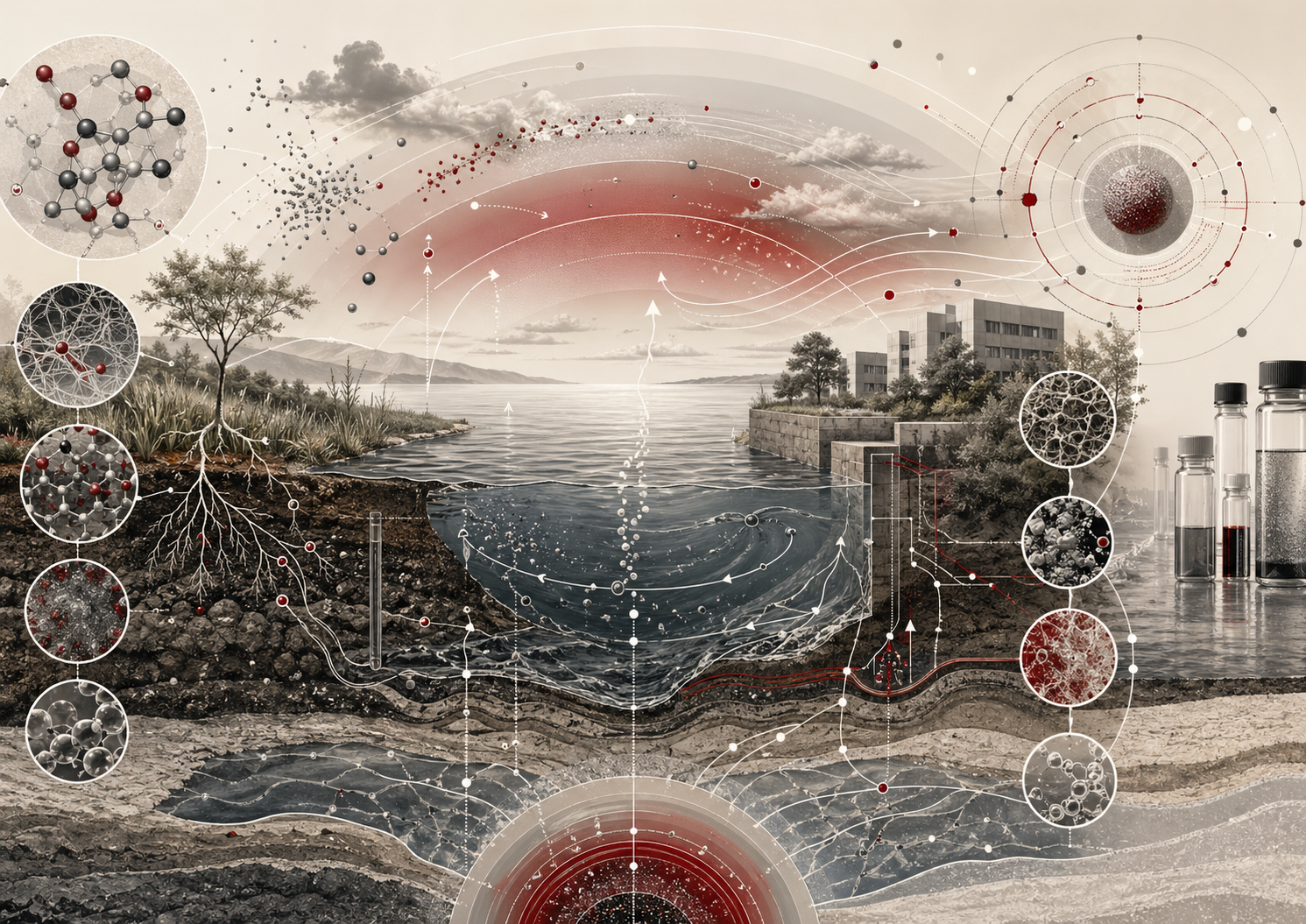 Editorial scientific illustration showing environmental chemistry as an interconnected system across atmosphere, surface water, soil, groundwater, sediments, ecological zones, laboratory monitoring structures, and built environments, with abstract molecular networks, transport pathways, and threshold-like overlays in cream, black, gray, white, and deep red.