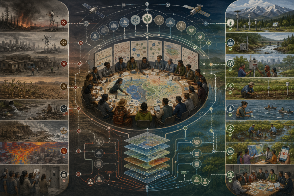 Editorial systems illustration showing environmental monitoring as resilience infrastructure, with satellites, sensors, community observation, damaged monitoring gaps, functioning data systems, and a central adaptive-governance forum.