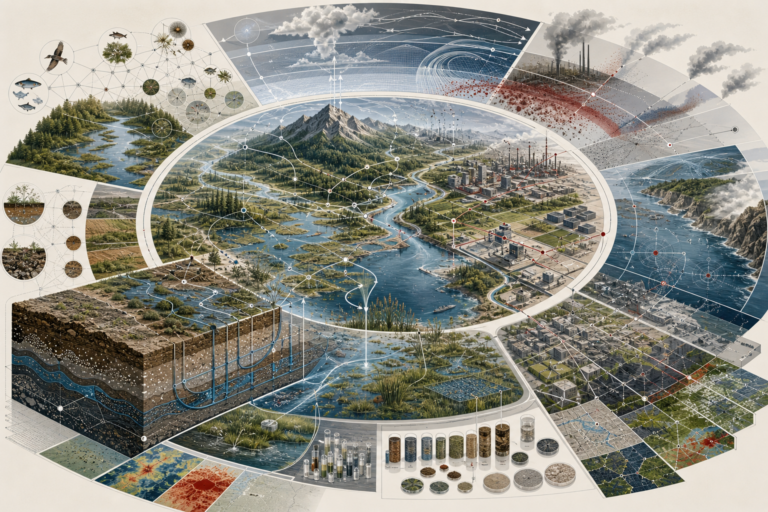 Scientific illustration of environmental science showing ecosystems, watersheds, wetlands, groundwater, soils, atmosphere, pollution pathways, monitoring networks, laboratory samples, urban infrastructure, coastal systems, and environmental data flows.
