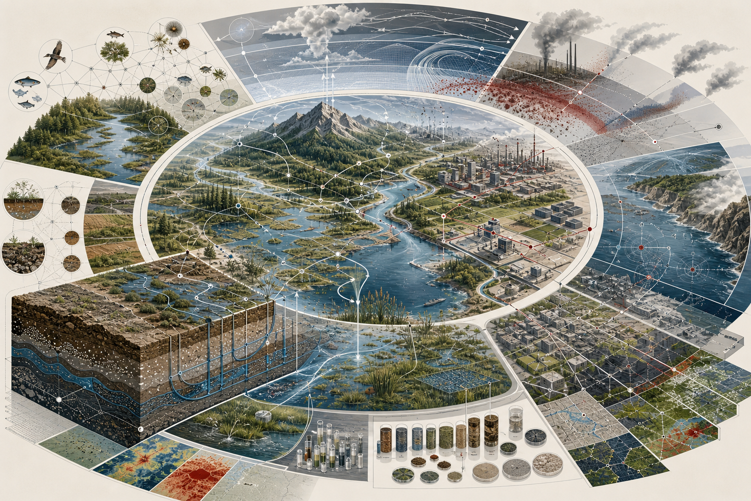Scientific illustration of environmental science showing ecosystems, watersheds, wetlands, groundwater, soils, atmosphere, pollution pathways, monitoring networks, laboratory samples, urban infrastructure, coastal systems, and environmental data flows.