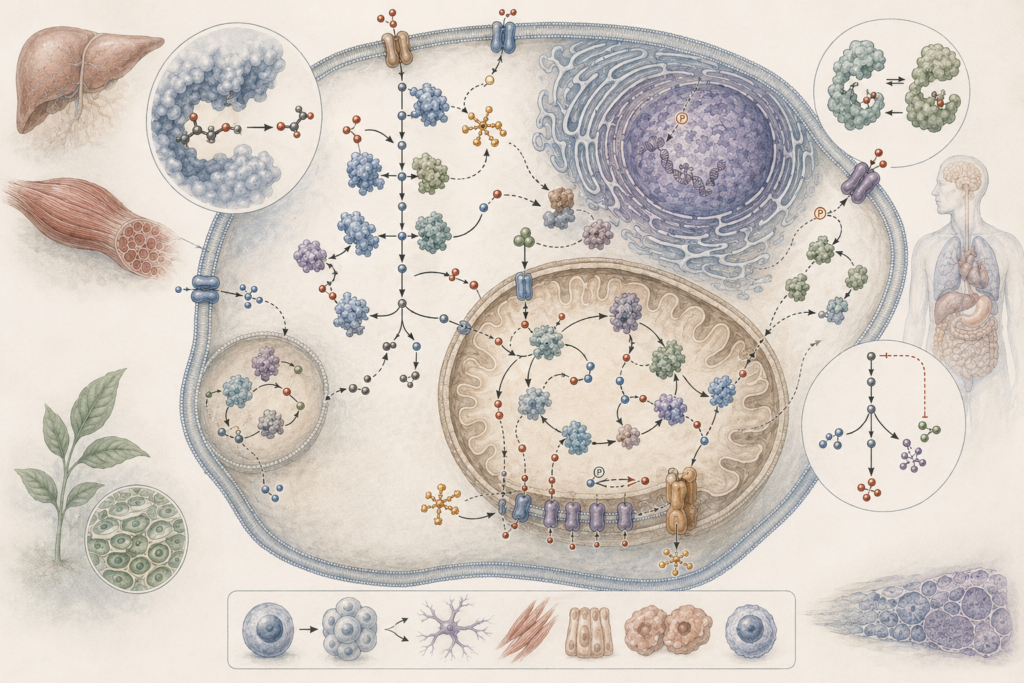 Research-grade systems biology illustration showing a eukaryotic cell with enzymes, metabolic pathways, mitochondria, membrane transport, signaling molecules, regulatory feedback, tissues, organs, plant cells, and biochemical coordination across living systems.