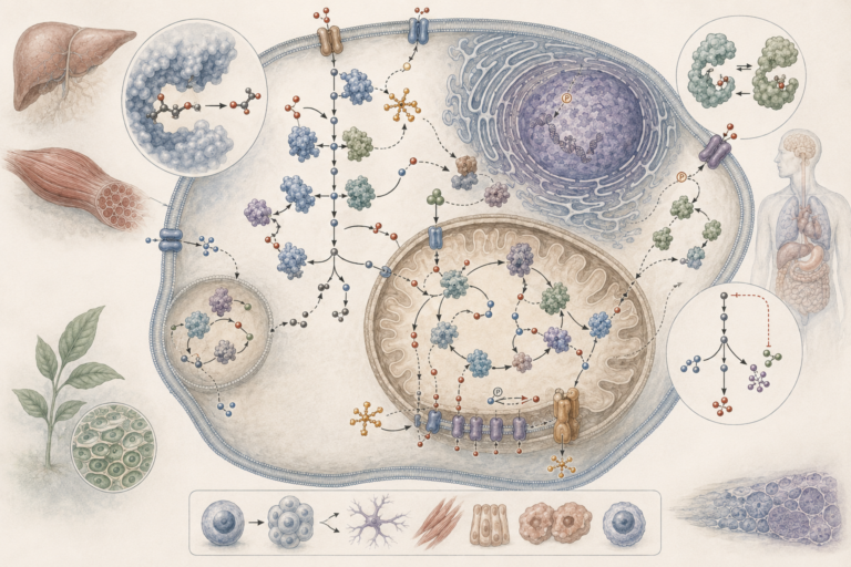 Research-grade systems biology illustration showing a eukaryotic cell with enzymes, metabolic pathways, mitochondria, membrane transport, signaling molecules, regulatory feedback, tissues, organs, plant cells, and biochemical coordination across living systems.