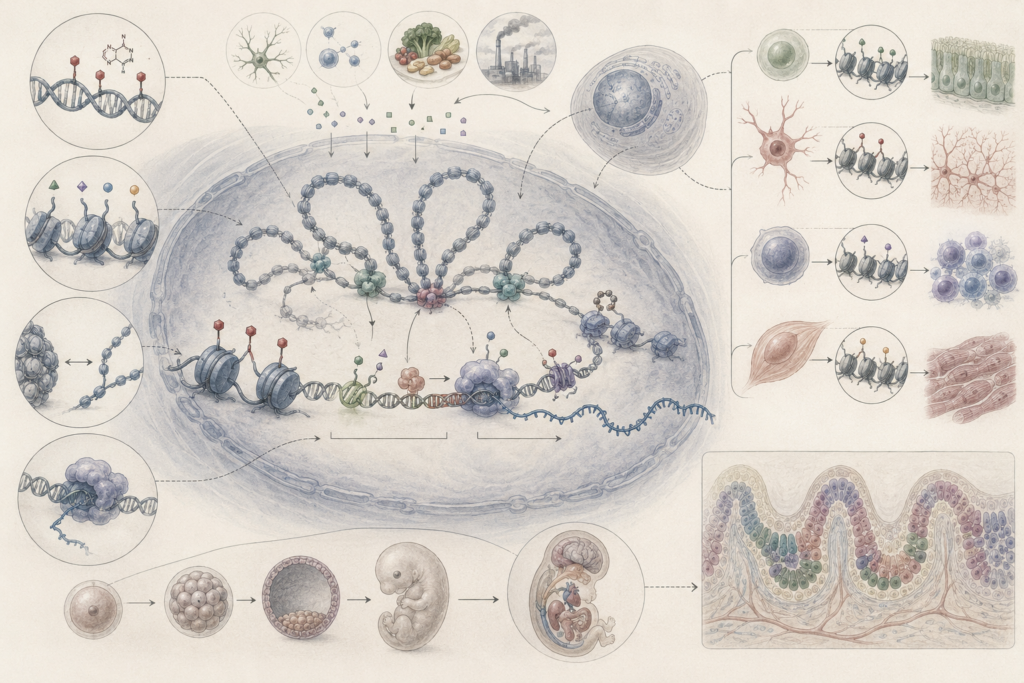 Research-grade molecular biology illustration showing DNA, chromatin loops, histones, epigenetic marks, transcription regulation, RNA production, cell differentiation, embryonic development, tissues, environmental signals, and gene-expression pathways.
