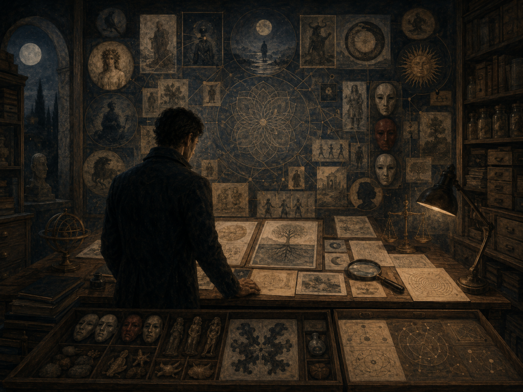 A contemplative figure studies symbolic evidence in a dim archival room, surrounded by mandala diagrams, masks, case materials, scales, and dreamlike panels.