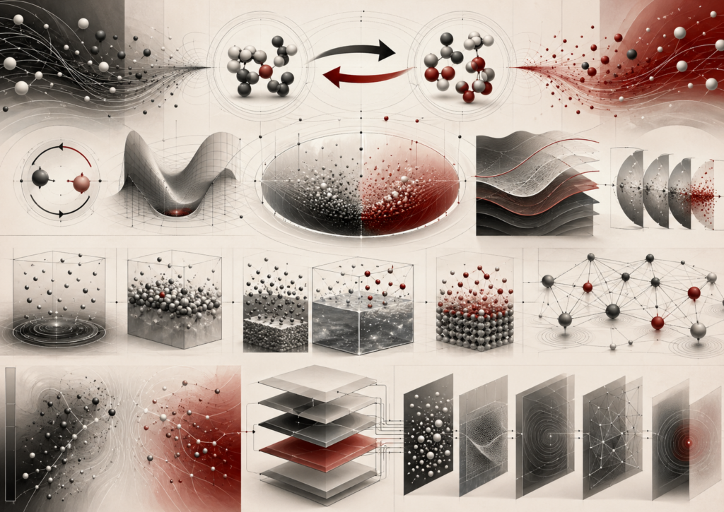 Abstract editorial scientific illustration of chemical equilibrium, reversible molecular pathways, dynamic balance, particle exchange, phase boundaries, activity fields, and computational equilibrium workflows in cream, gray, black, and deep red.