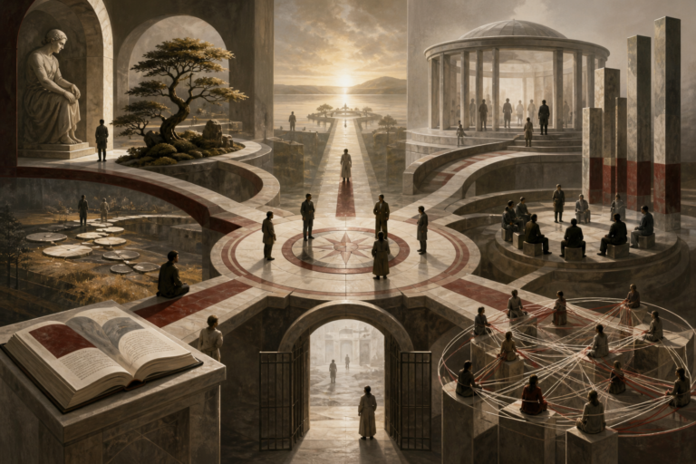 Editorial philosophical illustration of ethics and moral philosophy as a stone architecture of moral reasoning, with branching paths, reflective figures, civic forums, care networks, institutional gates, and horizon light representing virtue, duty, consequence, responsibility, and the search for the good life.