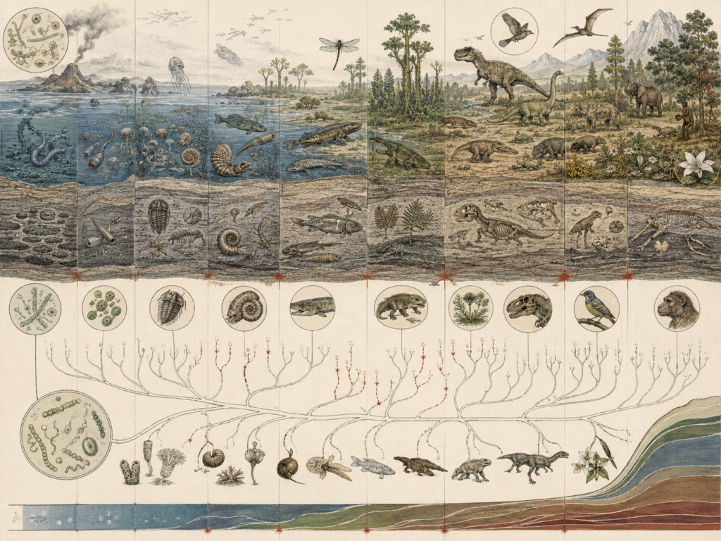 Research-grade evolutionary biology illustration showing the history of life across deep time, with microbial origins, ancient oceans, fossil strata, marine invertebrates, fish, amphibians, reptiles, dinosaurs, birds, mammals, flowering plants, geological layers, extinction markers, and phylogenetic branching.
