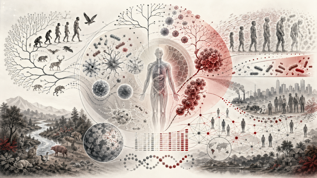 Abstract scientific illustration of evolutionary medicine showing human biology, pathogen evolution, immune defense, antimicrobial resistance, cancer evolution, aging, environmental mismatch, public health networks, and ecological context without text or labels.