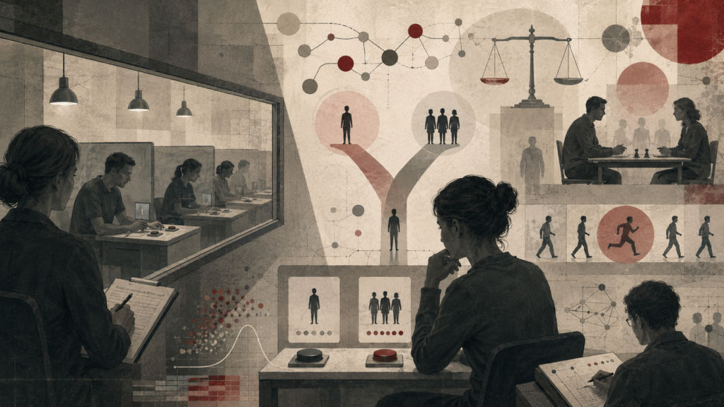 Editorial illustration of a moral psychology experiment with participants, researchers, response buttons, branching ethical-choice paths, justice scales, observation windows, and abstract data diagrams.