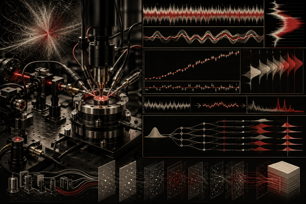 Editorial scientific illustration showing a precision laboratory measurement system with sensor probes, optical instruments, waveform noise patterns, calibration-like curves, uncertainty bands, branching inference distributions, and layered data/provenance structures.