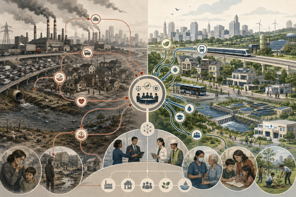Editorial systems illustration contrasting pollution, traffic, health burdens, and ecological damage with public transit, clean water, public health, education, green infrastructure, and collective governance.