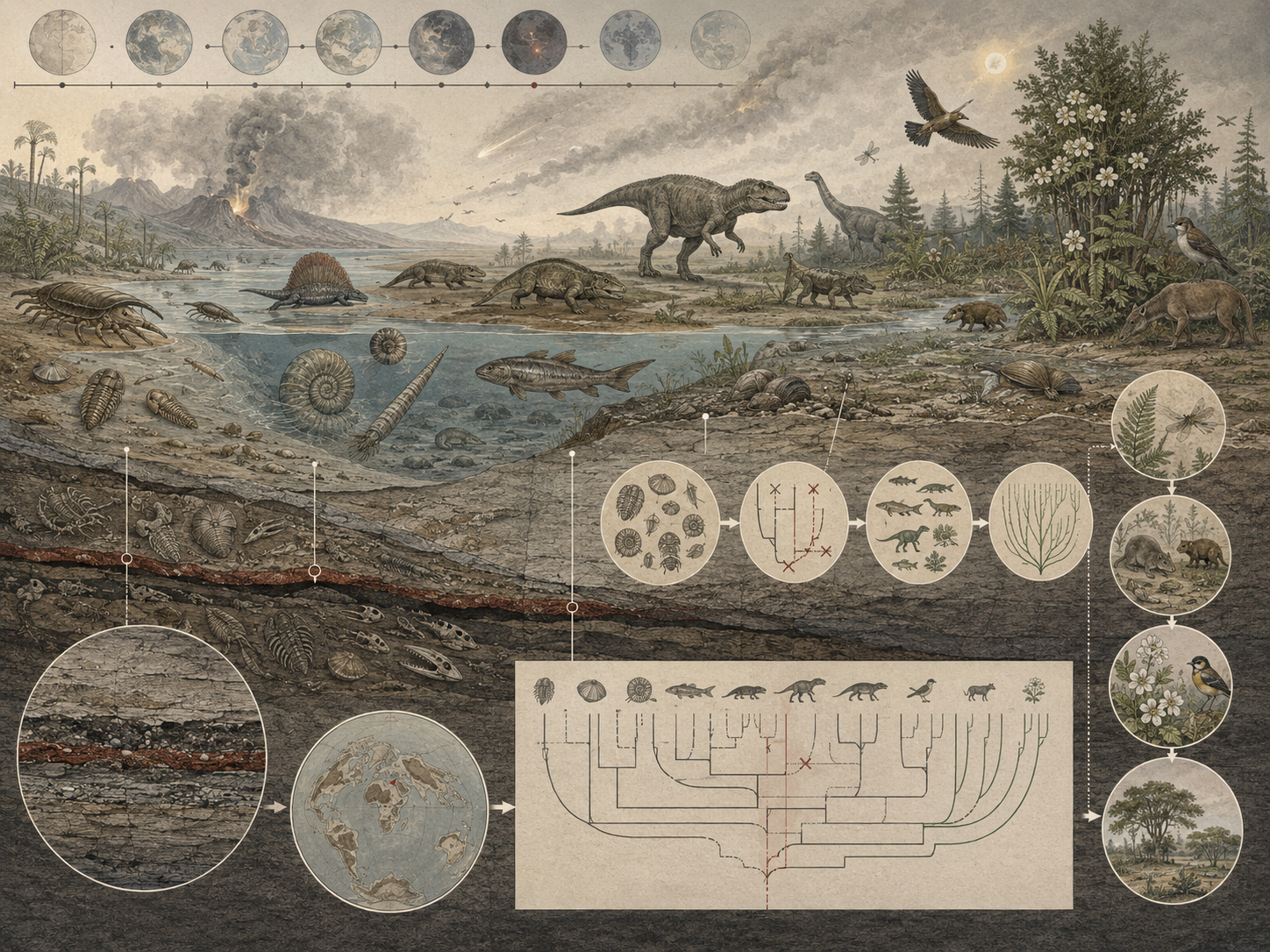 Research-grade evolutionary systems illustration showing deep time, fossil layers, ancient marine life, dinosaurs, extinction events, geological strata, phylogenetic branching, ecological recovery, and biological transformation across Earth history.