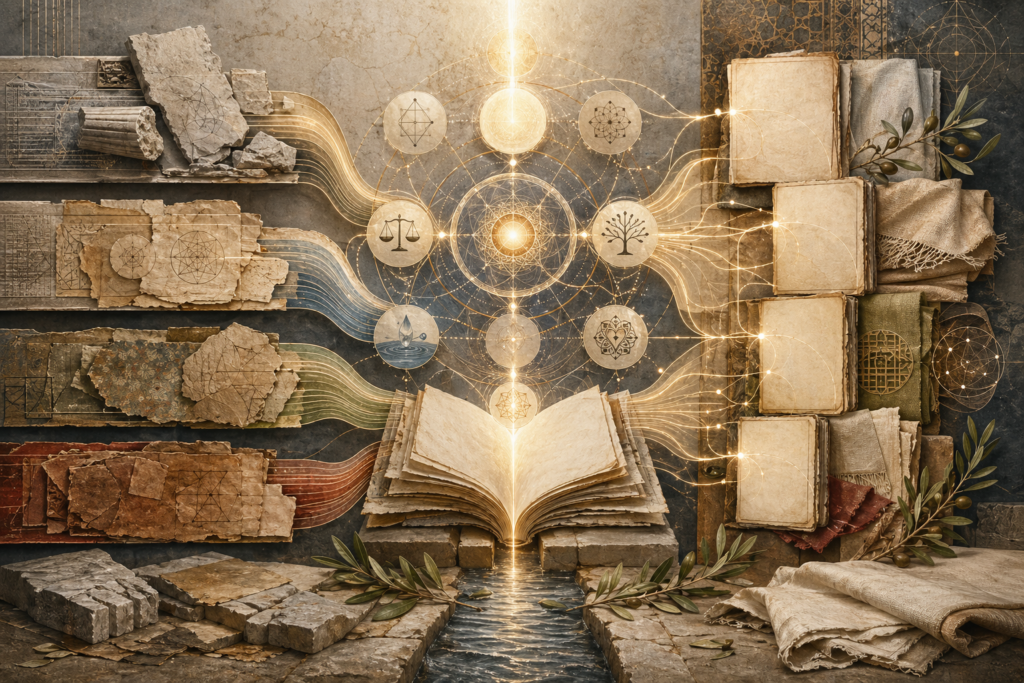 Non-figurative editorial illustration of layered parchment, blank philosophical folios, luminous reasoning pathways, circular conceptual geometry, water traces, olive branches, folded linen, stone thresholds, and abstract classical stone fragments representing falsafa and the Greek inheritance in Islamic civilization.