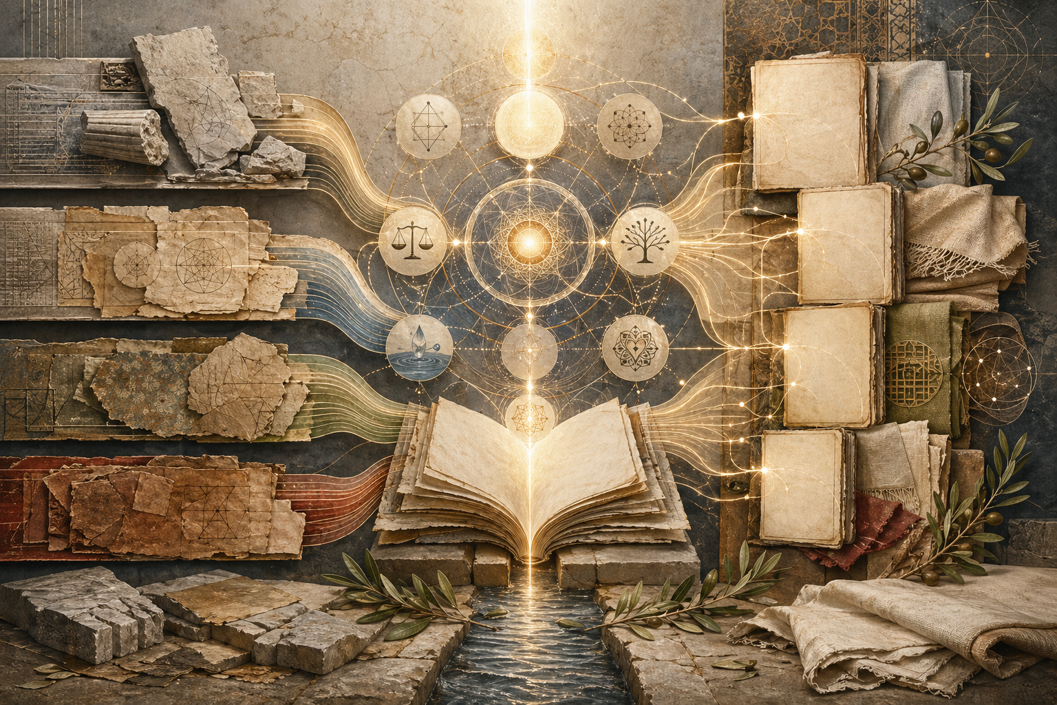 Non-figurative editorial illustration of layered parchment, blank philosophical folios, luminous reasoning pathways, circular conceptual geometry, water traces, olive branches, folded linen, stone thresholds, and abstract classical stone fragments representing falsafa and the Greek inheritance in Islamic civilization.