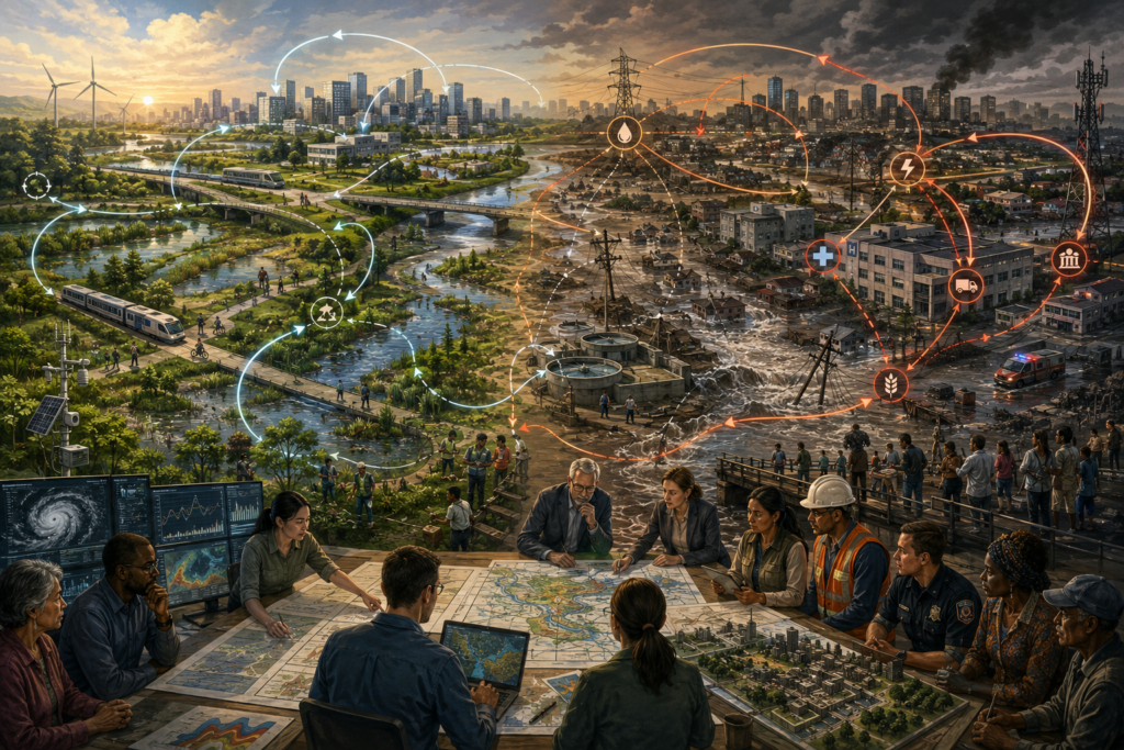 Editorial sustainability illustration showing feedback loops, delayed response, cascading risk, governance planning, resilient wetlands, strained infrastructure, and unequal community exposure.