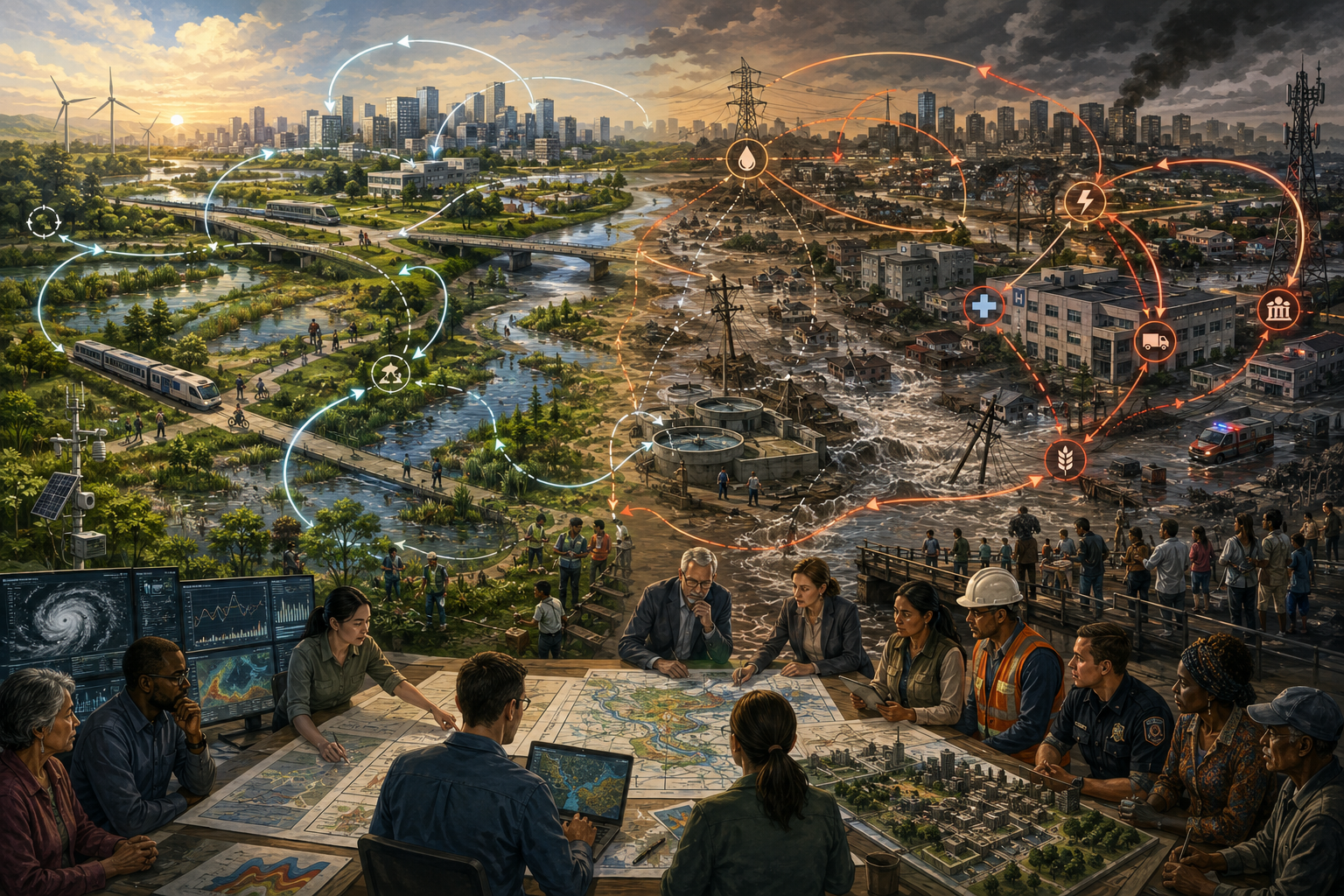 Editorial sustainability illustration showing feedback loops, delayed response, cascading risk, governance planning, resilient wetlands, strained infrastructure, and unequal community exposure.