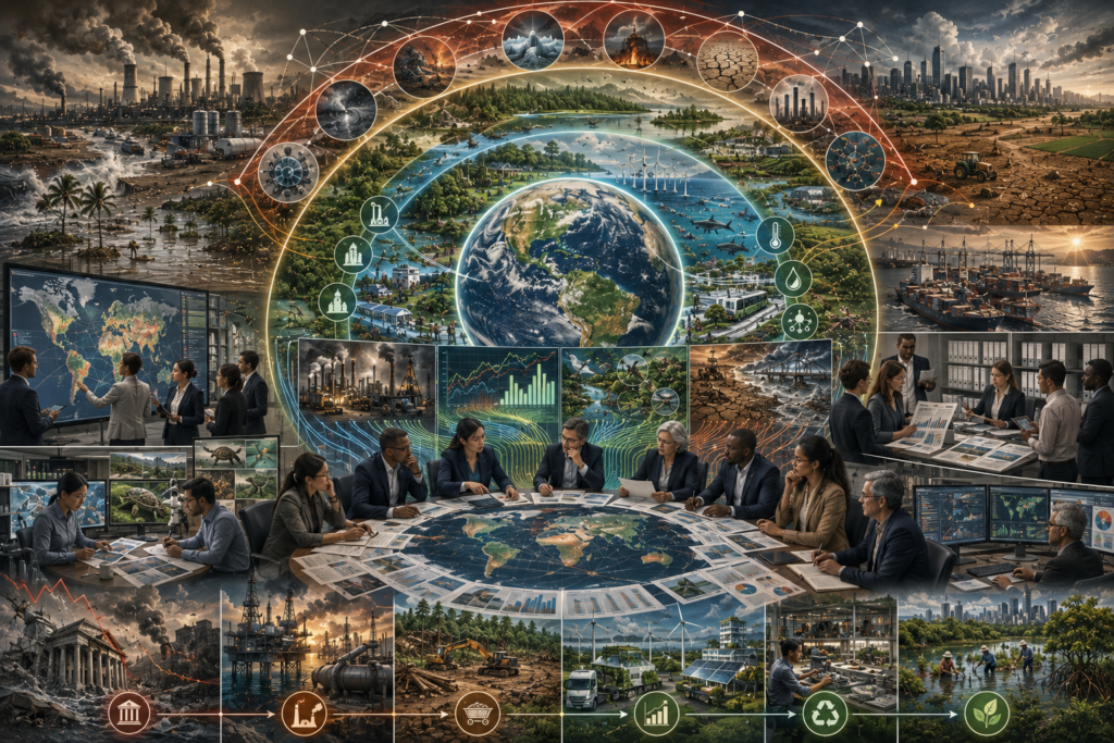 Editorial illustration showing finance, disclosure, portfolio risk, capital allocation, climate pressure, nature loss, supply chains, and systemic environmental risk within planetary boundaries.