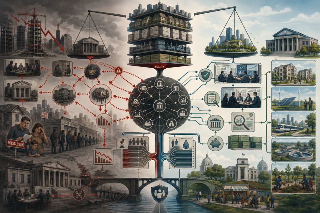 Editorial systems illustration showing leveraged financial structures, interconnected balance sheets, household debt stress, liquidity bottlenecks, public backstops, regulatory oversight, and a contrast between fragile finance and resilient sustainable finance.