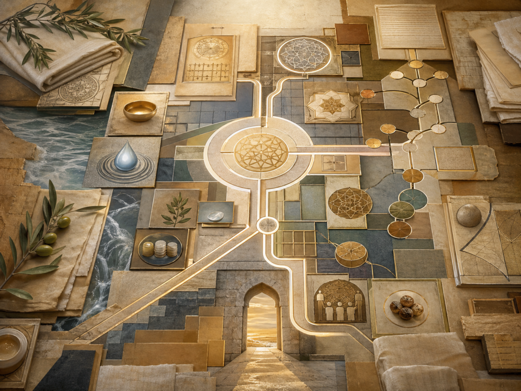Non-figurative editorial illustration of layered parchment, manuscript panels, luminous pathways, geometric legal-order structures, water traces, olive branches, folded linen, stone thresholds, and soft gold illumination representing fiqh and the ordering of Muslim life.