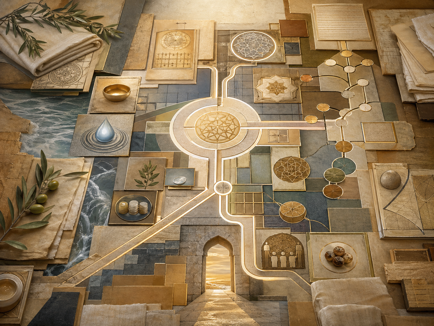 Non-figurative editorial illustration of layered parchment, manuscript panels, luminous pathways, geometric legal-order structures, water traces, olive branches, folded linen, stone thresholds, and soft gold illumination representing fiqh and the ordering of Muslim life.