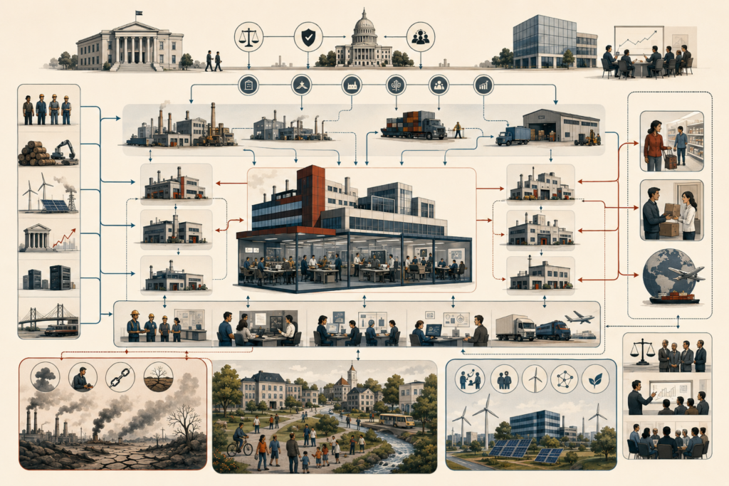 Editorial systems illustration showing firms, suppliers, workers, households, logistics, regulation, market concentration, externalities, and sustainable production within a layered economic network.