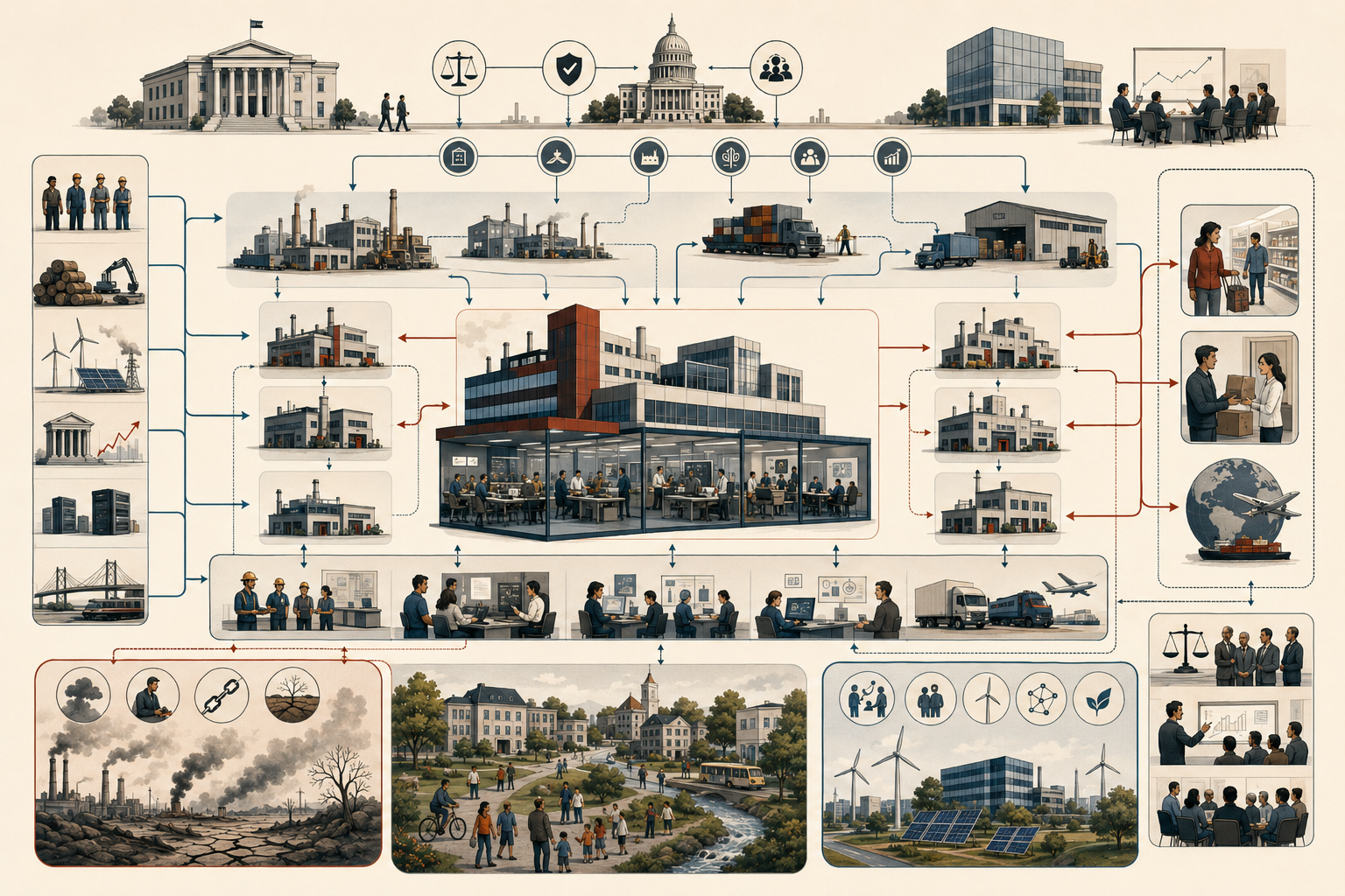 Editorial systems illustration showing firms, suppliers, workers, households, logistics, regulation, market concentration, externalities, and sustainable production within a layered economic network.