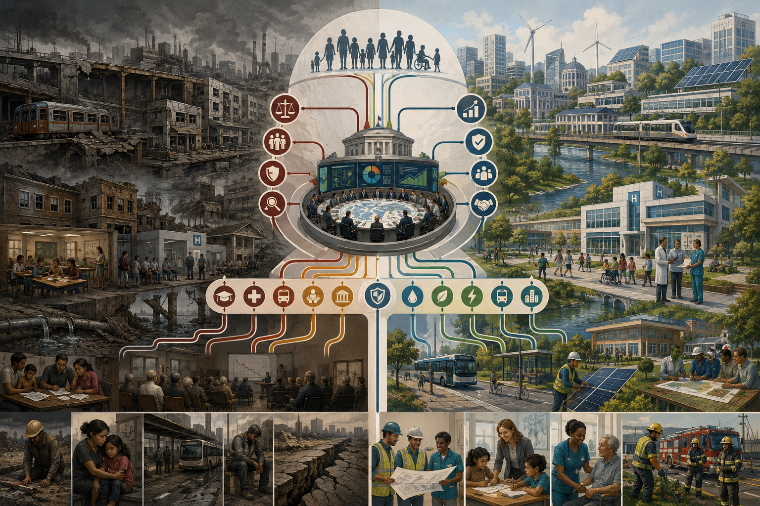 Editorial systems illustration showing taxation, public budgeting, infrastructure, schools, hospitals, transit, water systems, maintenance, public investment, fiscal weakness, and resilient public capacity.