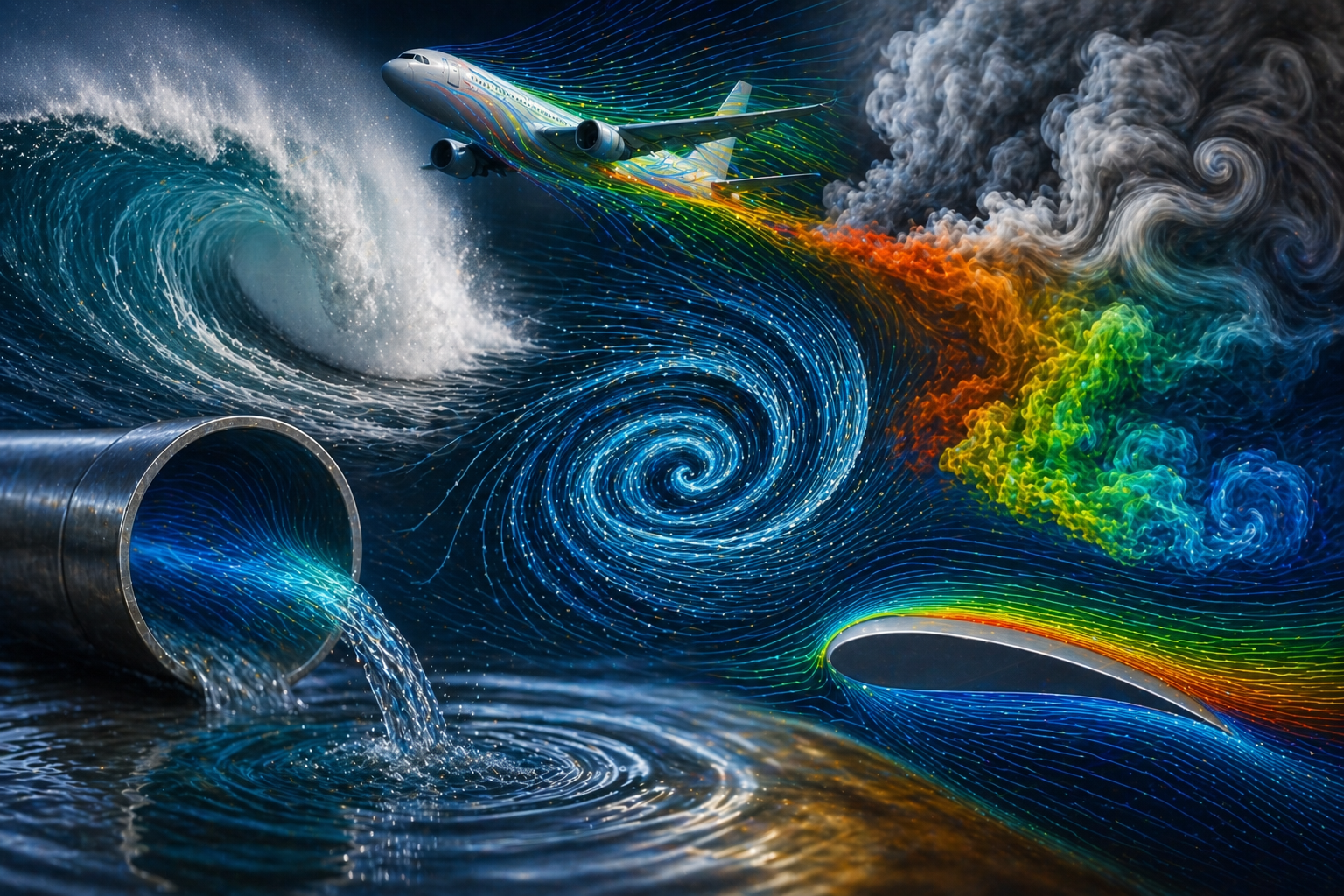 Cinematic scientific illustration showing ocean waves, pipe flow, aerodynamic streamlines, smoke vortices, and colorful flow-field patterns representing fluid dynamics and turbulence.