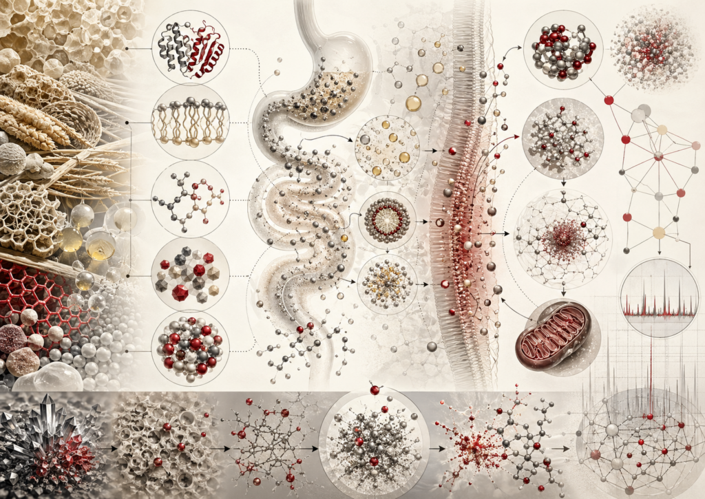 Editorial scientific illustration of food chemistry and nutrition showing molecular food structures, proteins, lipids, carbohydrates, micronutrient forms, digestion pathways, intestinal absorption, bioavailability, food matrix geometry, metabolic transformation, and nutrition evidence systems in cream, black, white, muted gray, and deep red.
