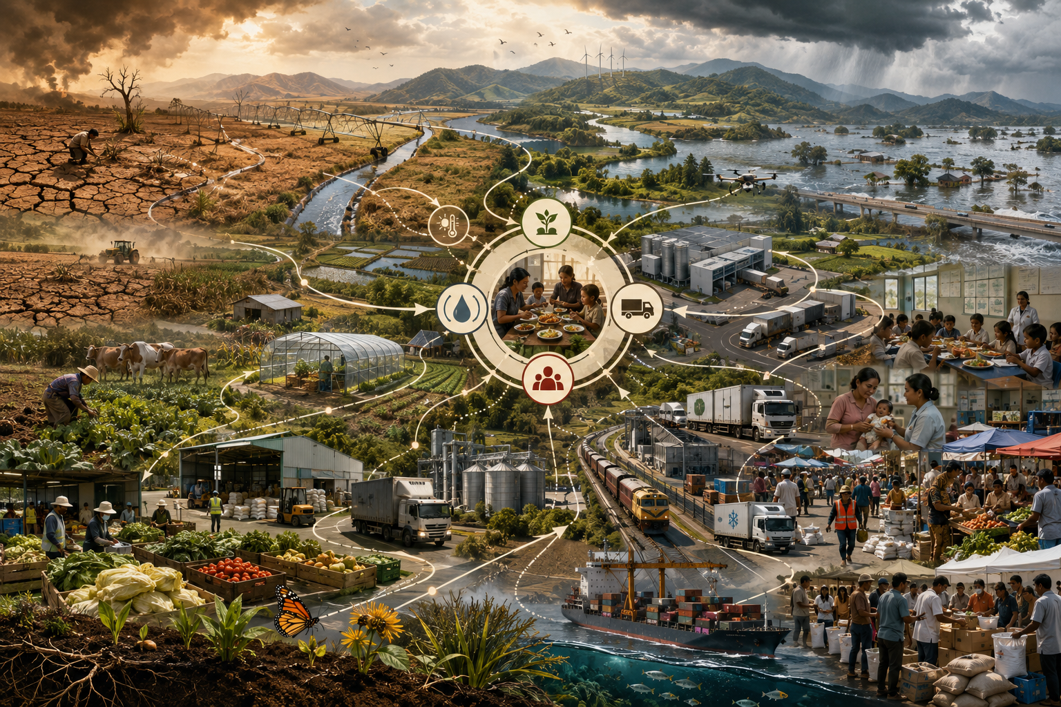 Editorial sustainability illustration showing farms, drought, flooding, logistics, markets, food access, public health, and ecological buffers connected across a resilient food system.