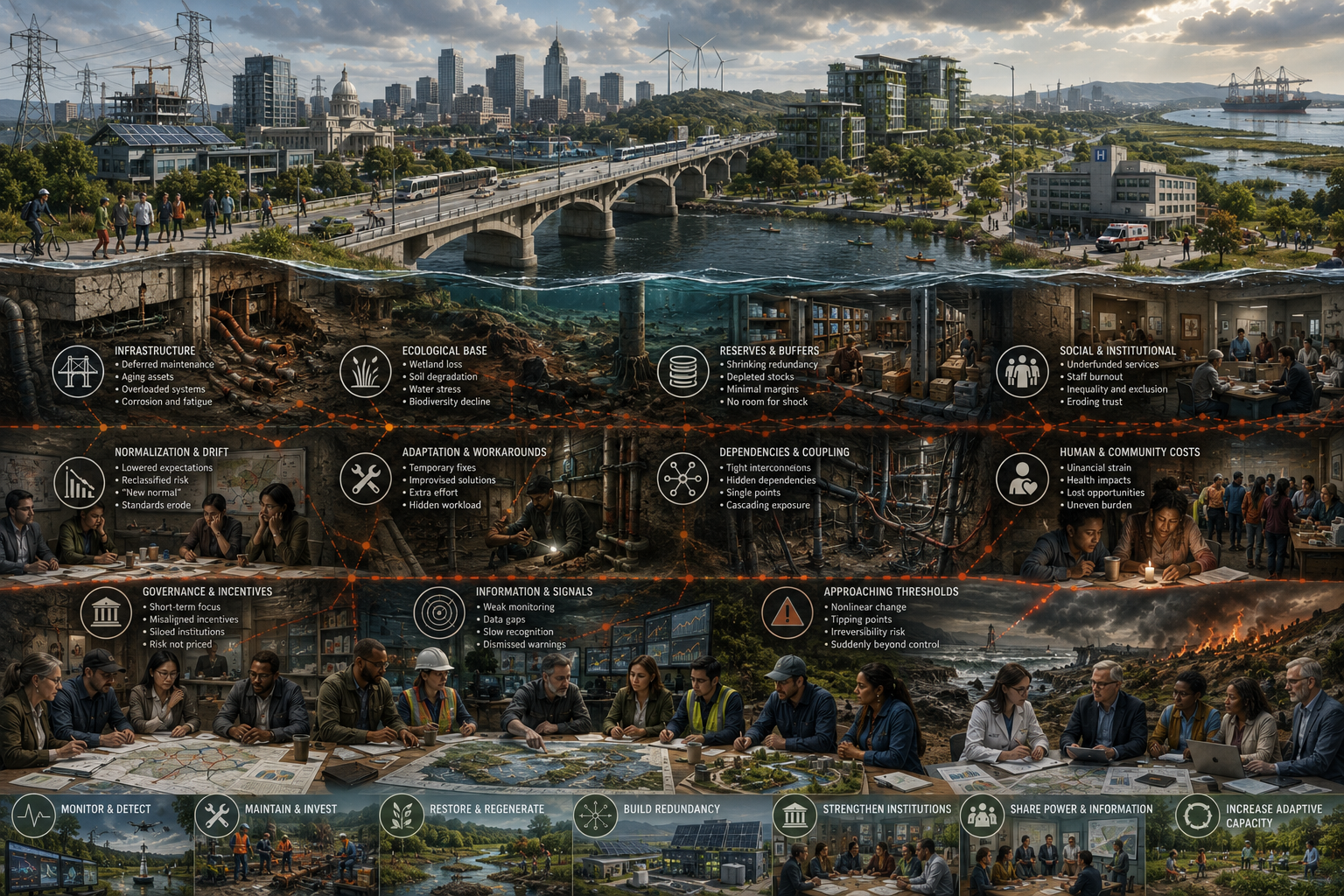 Editorial illustration showing a functioning city above the surface while hidden layers below reveal deferred maintenance, eroding buffers, institutional strain, ecological degradation, and accumulated stress.