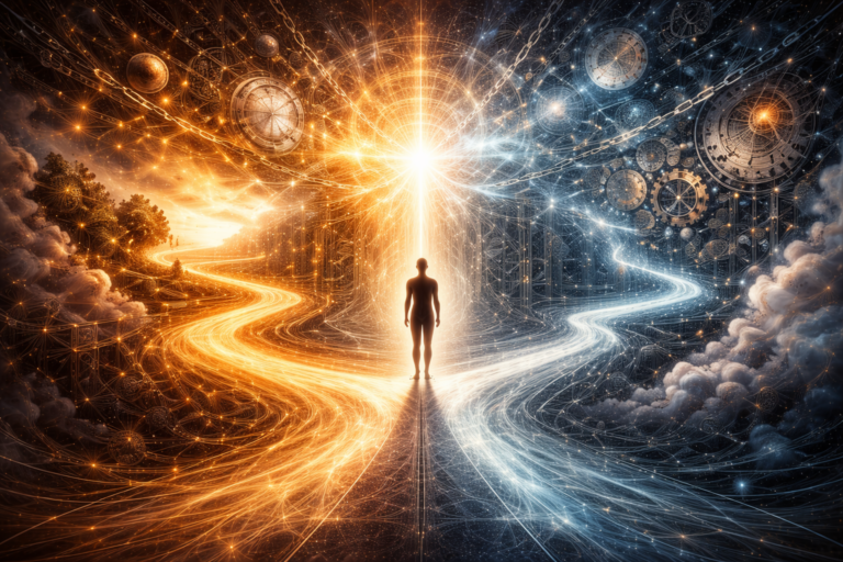 Abstract metaphysical image of a human figure standing between two diverging luminous paths, with radiant and mechanical cosmic structures symbolizing freedom, agency, and determinism