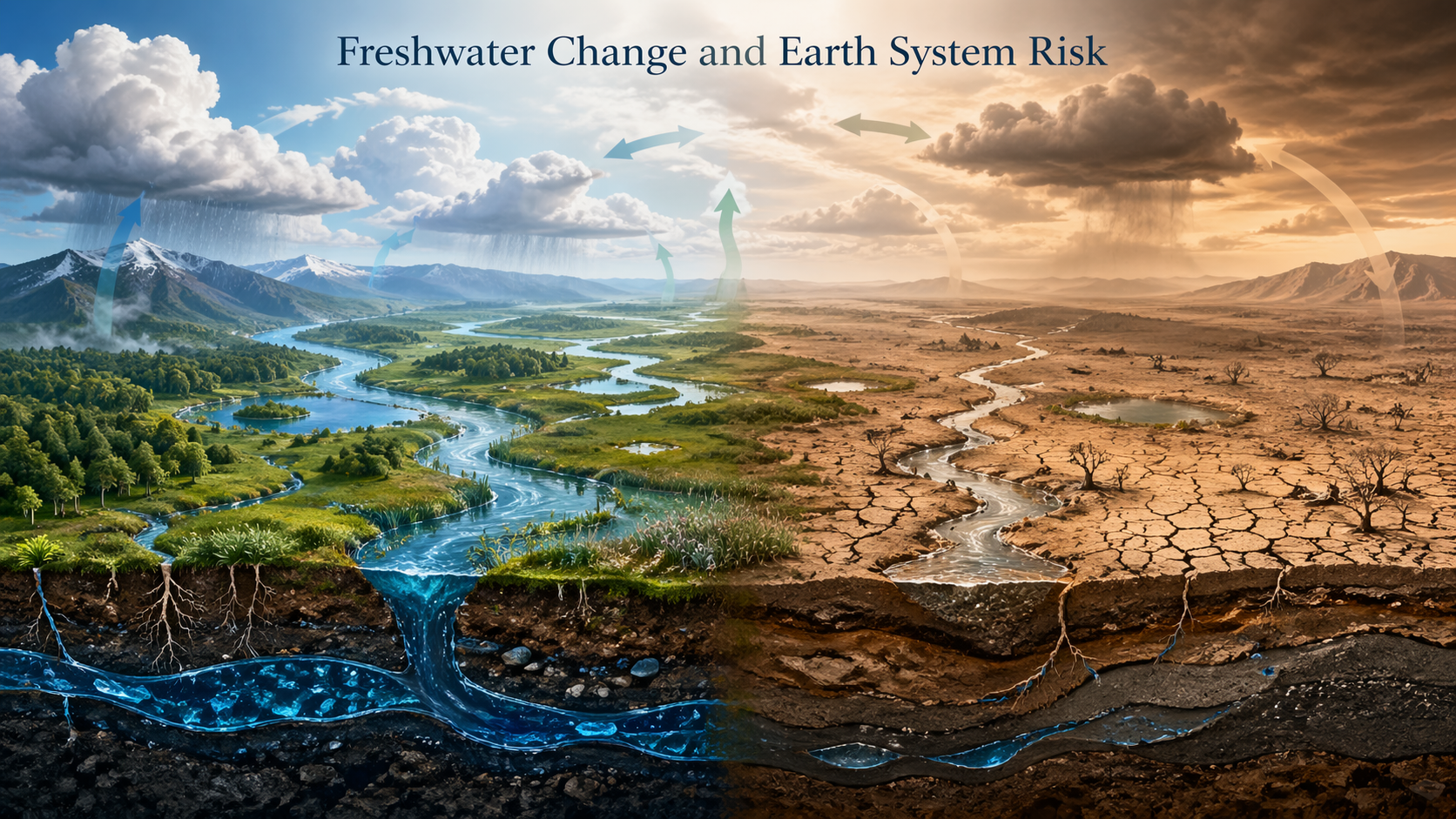 Editorial image showing a planetary freshwater landscape divided between a resilient water-rich ecosystem with rivers, wetlands, groundwater, vegetation, rain clouds, and a stressed dry landscape with drought, cracked soils, fragmented rivers, depleted groundwater, and sparse vegetation.