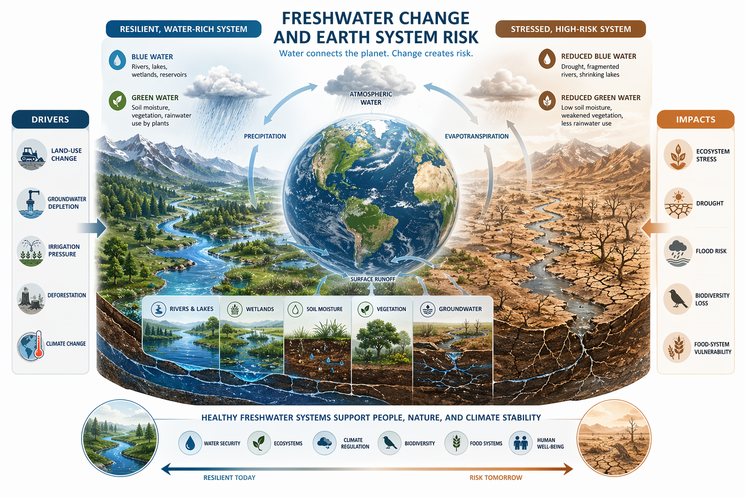 Infographic explaining freshwater change as a planetary-boundary risk, showing blue water, green water, atmospheric water, rivers, wetlands, soil moisture, vegetation, groundwater, land-use change, irrigation pressure, groundwater depletion, climate change, drought, flood risk, biodiversity loss, ecosystem stress, and food-system vulnerability.