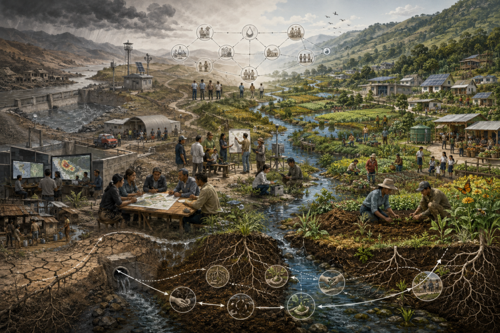 Editorial illustration showing a transition from defensive risk management and degraded landscapes to regenerative resilience through ecological restoration, community planning, and renewed social and institutional systems.