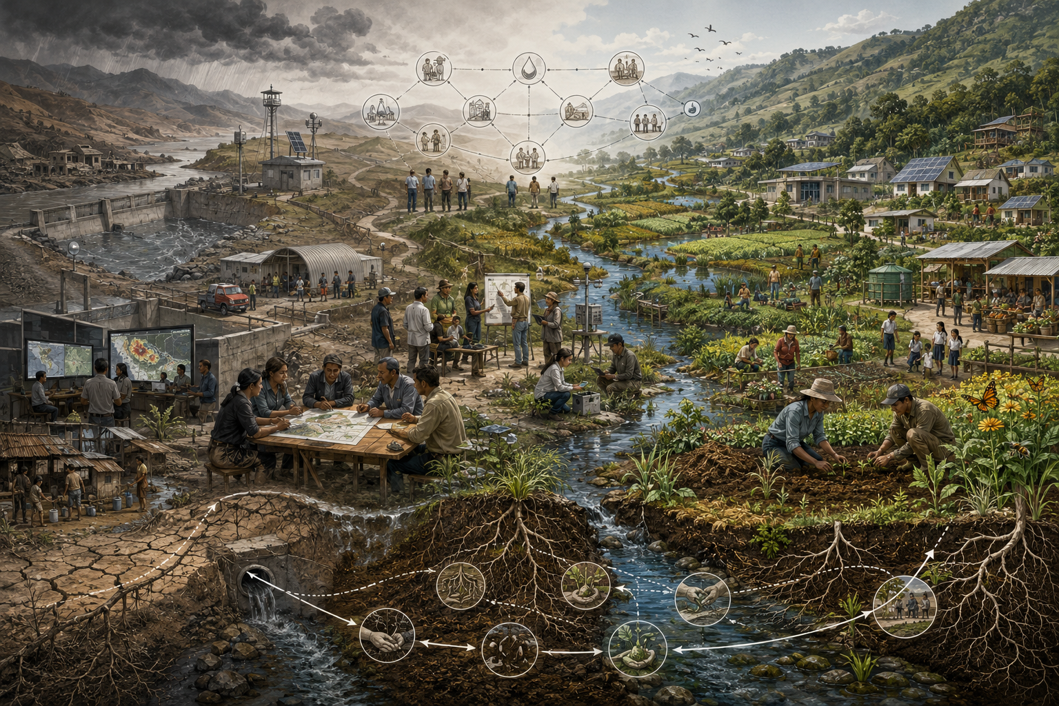 Editorial illustration showing a transition from defensive risk management and degraded landscapes to regenerative resilience through ecological restoration, community planning, and renewed social and institutional systems.