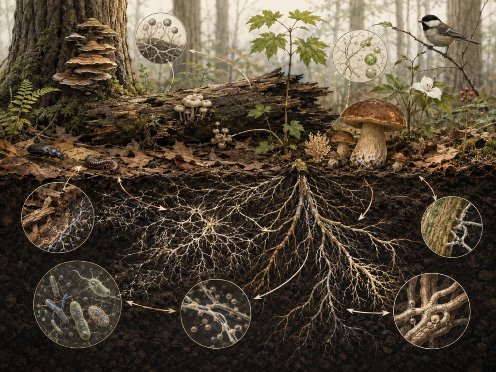 Research-grade systems biology illustration showing forest fungi, mushrooms, decomposing wood, leaf litter, soil organisms, plant roots, mycorrhizal networks, microbial communities, nutrient exchange, and decomposition pathways with minimal text.