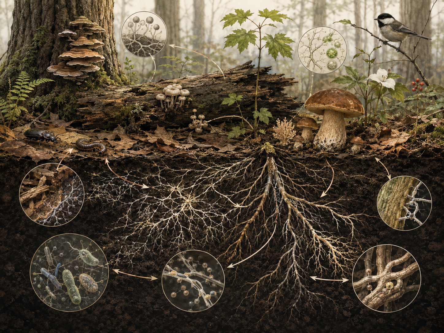 Research-grade systems biology illustration showing forest fungi, mushrooms, decomposing wood, leaf litter, soil organisms, plant roots, mycorrhizal networks, microbial communities, nutrient exchange, and decomposition pathways with minimal text.