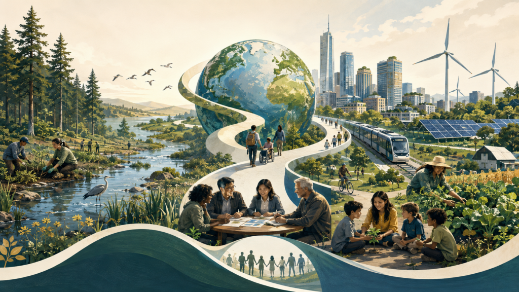 Editorial sustainability illustration showing a globe, ecological restoration, renewable energy, inclusive communities, public transit, agriculture, and a pathway toward a more resilient sustainable future.