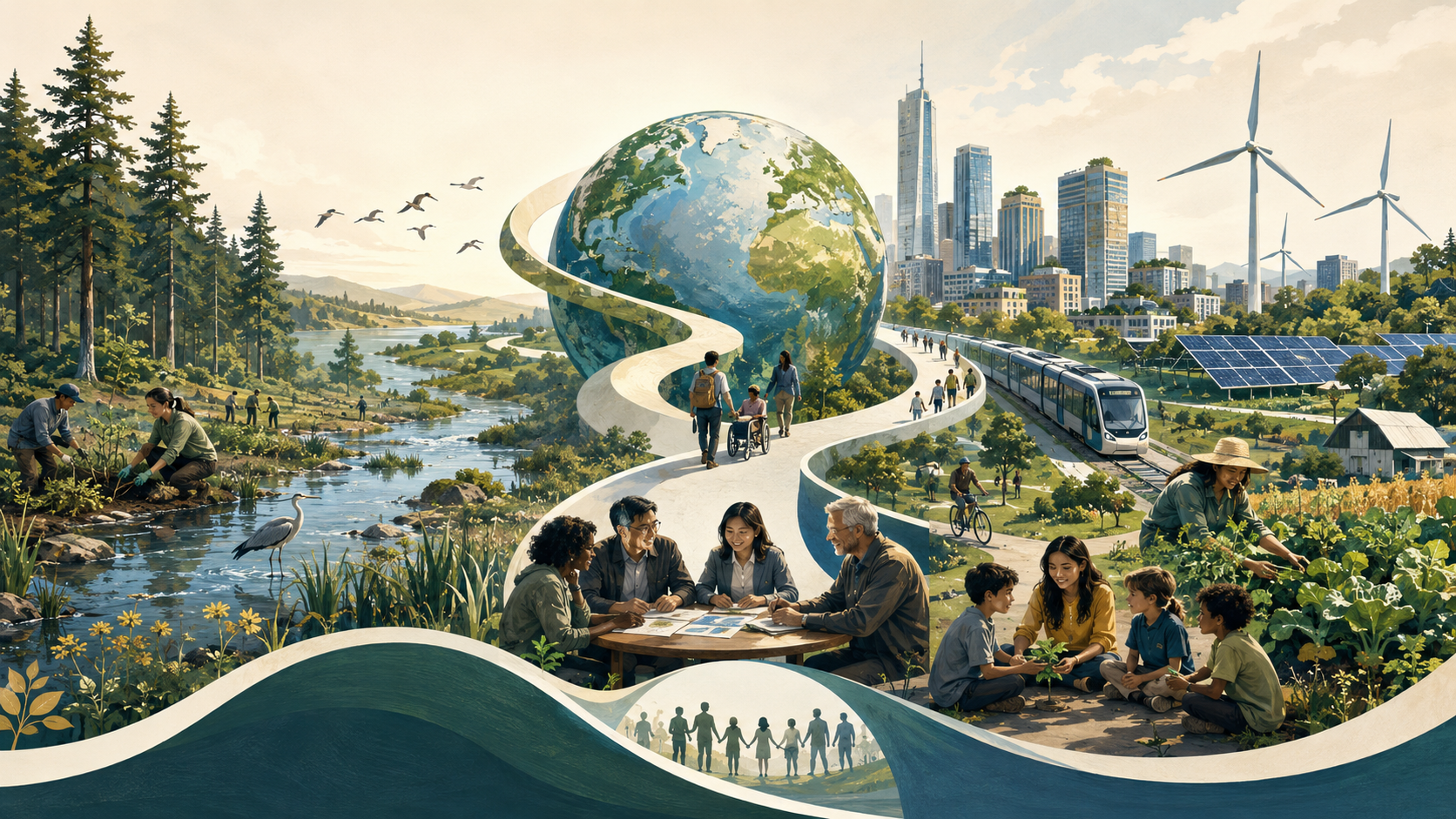 Editorial sustainability illustration showing a globe, ecological restoration, renewable energy, inclusive communities, public transit, agriculture, and a pathway toward a more resilient sustainable future.