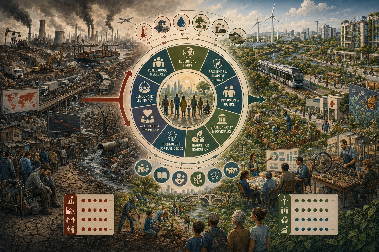 Editorial systems illustration showing the future of economic systems under ecological limits, with old expansionary assumptions contrasted against resilient, inclusive, boundary-aware, regenerative economic redesign.